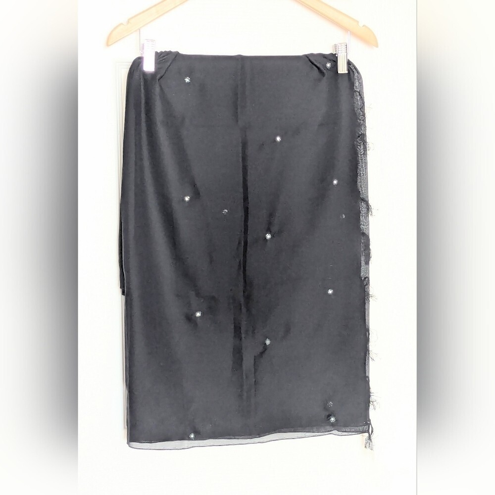 Women's Sheer Black Shawl Wrap Scarf w/ Fringe Edges & Shimmery Sparkly Accents
